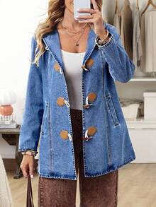 EMERY ROSE Women's Casual Hooded Denim Jacket With Horn Buttons,Christmas,  Christmas Women's Clothing ,Christmas Clothes - Blue - View 8
