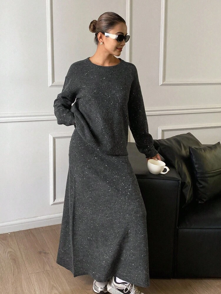 Women's Loose Fit Crew Neck Sweater And Straight Sequin Skirt 2-Piece Set, Casual And Elegant Minimalist Design Fall/Winter