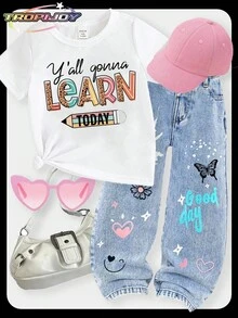 SHEIN Young Girl Only Sell T-Shirt ,No Pants, Regular Fit White T-Shirt With Fun Graphic Print And Polyester Material Girls Summer School Cute Teenager - White - View 1