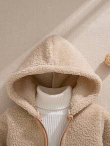 SHEIN 2025秋冬新款法式优雅学院风白色长袖抓绒连帽外套，适合外出上学等各种场合 - 米色 - 查看 6