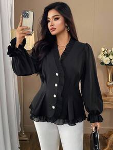 Auvina Plus Size Women V-Neck Lace Patchwork Ruffle Hem Fitted Long Sleeve Button Down Blouse Fall - Black - View 1