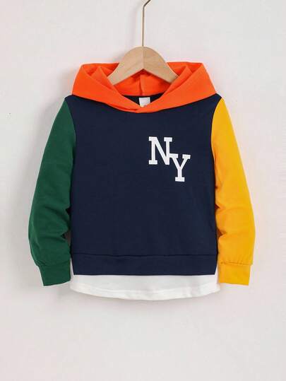 SHEIN Sudadera Con Capucha Para Niños Jóvenes Con Bloques De Color Y Letras Impresas