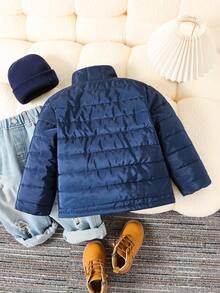 Young Boy High Collar Solid Color Zip-Up Long Sleeve Quilted Hooded Padded Coat Fall Winter - Navy Blue - View 2