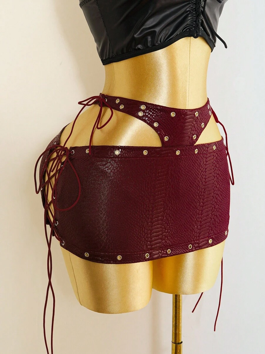 Mistrie Fall/Winter PU Leather Grunge Punk Y2K Gyaru Mini Skirt,Sexy Cut Out Lace-Up Snake Skin Bodycon Red Skirt,Women's Fashion Hip-Wrapped Ultra Short Skirt, Wild Party Outfits - Burgundy - View 1