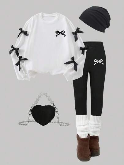 Sparklyn 2pcs/Set Teenage Girls Sweatsuit, New Autumn/Winter, Black Bow Decor Long Sleeve Crew Neck Sweatshirt & Black Skinny Pants, Comfortable Fitted Fall