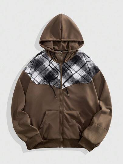 Street Life Sudadera con capucha de hombre con bolsillo, cremallera frontal y cordón ajustable, de manga larga y estampado a cuadros de parches, para otoño