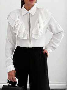 EURMUSE Damen Weißes Rüschenhemd - Regular Fit mit Kristallverzierungen und auffälligem Kragen, Damen Highwaist Hose mit Kreuzüberschlag, plissiert, weites Bein - Vizon Beige, Überlappender Verschluss, Loose Fit - Weiss - Übersicht 6