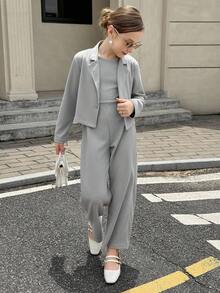 2 件套纽扣领短夹克和直筒连体裤套装 - 灰色 - 查看 7