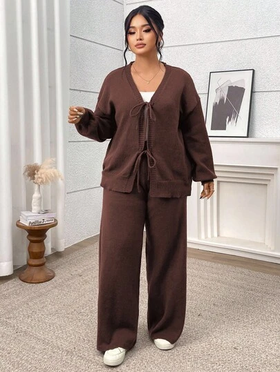 Modelyn 大码女式凤凰天鹅绒V领落肩长袖系带时尚针织开衫套装