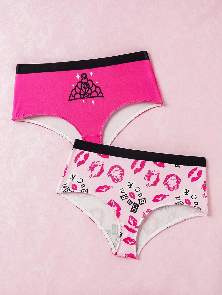 Mean Girls | SHEIN Quần lót màu họa tiết môi và chữ cỡ lớn cho nữ - Màu Hồng Tươi - Xem 1
