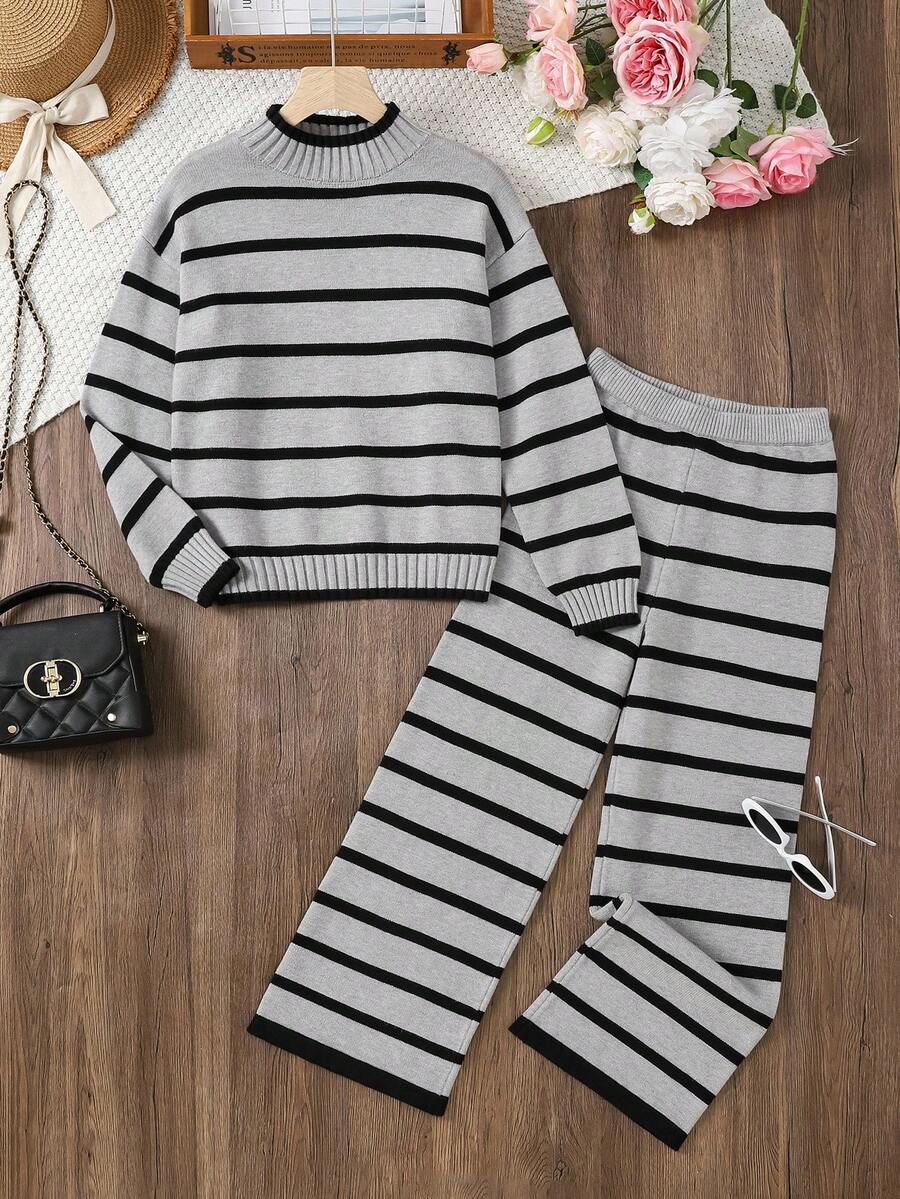 Conjunto de suéter a bloques de color y pantalones de punto para niña preadolescente en otoño/invierno