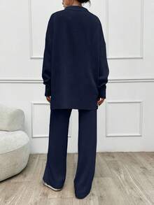 SHEIN Tall 2 قطعة/مجموعة ملابس كنزة بياقة مطوية وبنطال طويل بلون موحد، للنساء الطويلات - أزرق بحري - مشاهدة 2