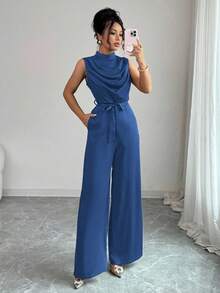 Elenzga Bộ đồ liền thân không tay nhún bèo cổ trụ màu xanh lá cây thanh lịch dành cho nữ, có eo thắt, Xuân/Hè - Xanh đậm - Xem 3