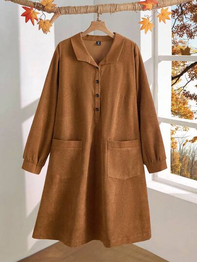 EMERY ROSE Plus Size Solid Color Casual Dress With Dual Pockets, Autumn Autumn Dress Fall Clothes For Women Winter Clothes Country Style For Women Country Concert Outfit Country Outfits For Women Country Style For Women Country Outfits For Women Country Concert Outfit Winter Clothes For Women Cozy Fall And Winter Clothes For Women