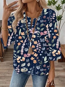 SHEIN LUNE Women's 3/4 Sleeve V-Neck Work Blouse, Fall/Winter - Navy Blue - View 6