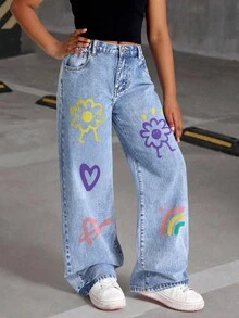 Tween Girls Y2K Style Jeans, Autumn/Winter New Arrival, Vintage Wash Effect, Casual Versatile All-Match, Minimalist Fashion, Loose Fit, Cute Print, Straight Leg, Everyday Wear, Girls Denim Pants For School, Social, Commute, Multi-Occasion Printed Jeans