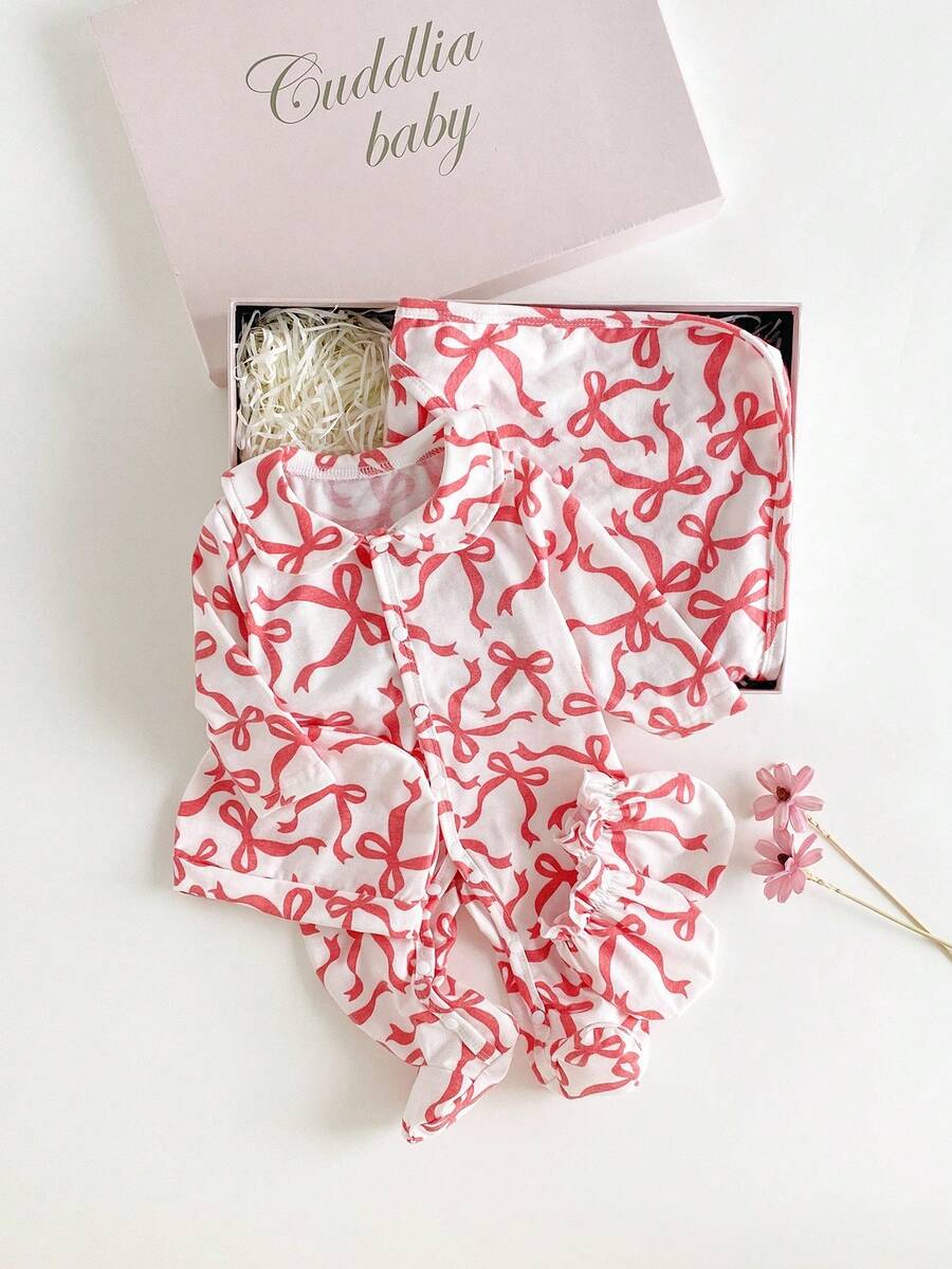 4pcs Newborn Baby Set: Cute Bow Print Romper With Peter Pan Collar, Long Sleeve, Footie Pants, Swaddle Blanket, Hat And Mittens Fall Winter - Red - View 1