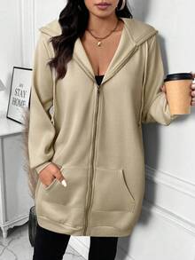 SHEIN LUNE Áo nỉ dài tay màu trơn cỡ lớn dành cho nữ, áo nỉ kiểu dáng thường ngày, áo nỉ cỡ lớn cho nữ, áo khoác mùa hè cỡ lớn cho nữ, áo khoác kaki thời trang cỡ lớn cho nữ, áo nỉ có khóa kéo cỡ lớn cho nữ, áo nỉ kaki cho nữ, áo nỉ cho nữ, áo nỉ có túi, áo nỉ có khóa kéo cho nữ/mùa đông - Màu Khaki - Xem 4