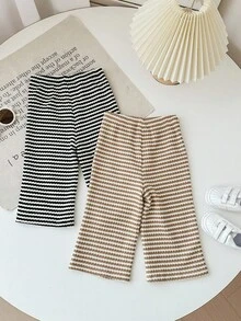 SHEIN Babygirl 可爱宽松针织条纹松紧腰裤 - 黑與白 - 查看 2