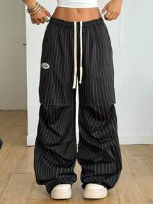 Coolane 女式夏季基本款条纹阔腿运动裤 - 黑色 - 查看 2