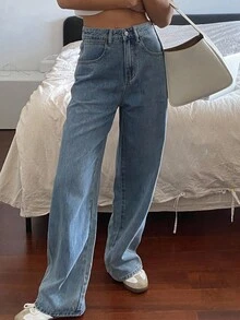 Livesso High Waist Wide Leg Jeans,Back To School Clothes - Blue - View 8