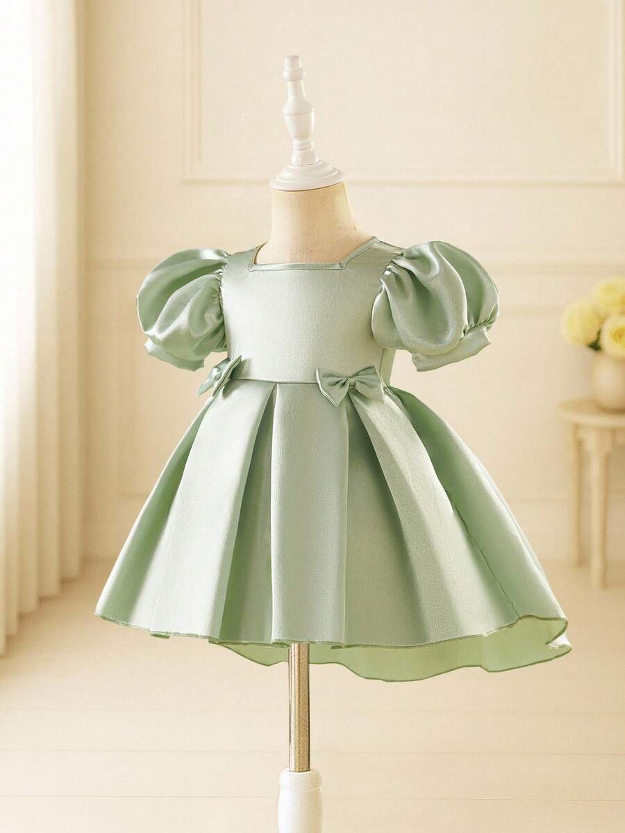 Glamorique Kids Baby Girls' Elegant Satin Puff Sleeve Vintage Bow Decor Peplum Dress, Formal Outfit Sage Green Baby Girl Dress Satin Dress Baby