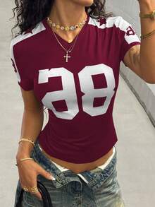 StreetHx Women's Navy Blue Numeric Print Streetwear Short Sleeve T-Shirt, Spring/Summer