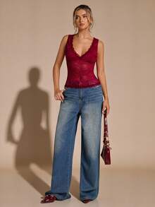 SHEIN BAE Áo hai dây ren cổ chữ V sâu màu trơn, áo ba lỗ đi nghỉ, xuân/hè - Đỏ - Xem 6