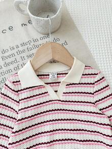 SHEIN LMoss Kids Babygirl 领口条纹短款修身 T 恤，女童秋季休闲装 - 彩色 - 查看 6