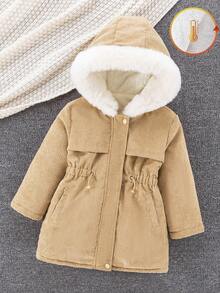 SHEIN Girls' Cinched Waist Hooded Padded Coat, Zipper Closure, Faux Drawstring, Slim Fit Padded Coat Fall Winter