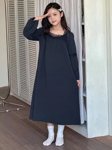 DAZY Camisón de niña preadolescente de unicolor con ribete de encaje