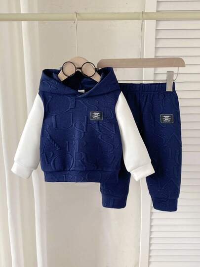 SHEIN Playful Pals 2pcs/Set Toddler Boys' Casual Jacquard Hoodie T-Shirt And Elastic Waist Pants Set, Suitable For Commuting, School, Leisure, Vacation, Sports, Autumn/Winter, 6M-3T, Children's Clothing, Infant Clothing, Infant T-Shirt, Infant Pants Fall Baby Set Autumn Winter Season Baby Boy Hoodie Set Dark Blue Baby Boy Outfit