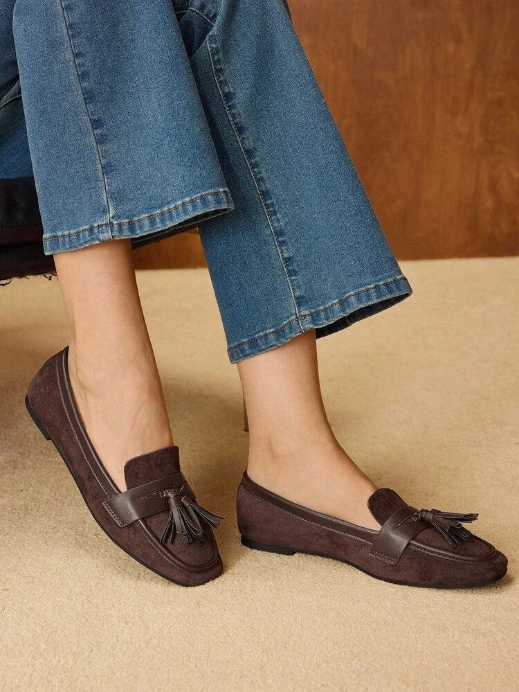 MOCASINES CLÁSICOS CON BORLAS, ZAPATOS CASUALES TIPO SLIP-ON, ZAPATOS PLANOS DE PUNTA CUADRADA PARA MUJER, ADECUADOS PARA OTOÑO/INVIERNO