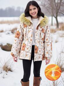 SHEIN Tween Girl Cute Casual Fashion Printed Hooded Jacket With Faux Fur Collar, Thermal Lined Parka, Suitable For Outings, Autumn/Winter, Skiing Girls Cartoon Jackets Cute Jackets Bear Print Jacket Fall - Apricot - View 1