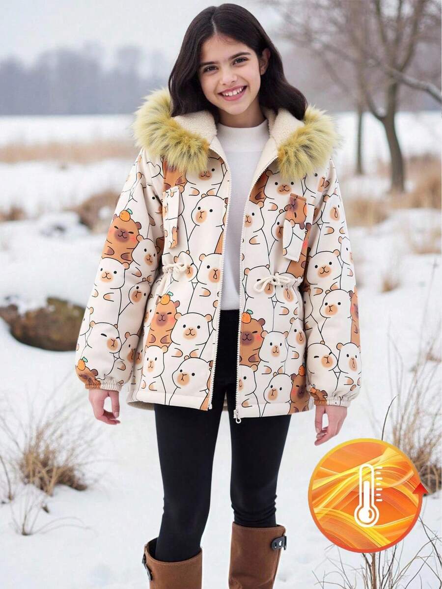 SHEIN Tween Girl Cute Casual Fashion Printed Hooded Jacket With Faux Fur Collar, Thermal Lined Parka, Suitable For Outings, Autumn/Winter, Skiing Girls Cartoon Jackets Cute Jackets Bear Print Jacket Fall - Apricot - View 1