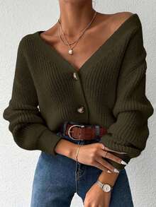 Cardigan lungo a manica lunga, monopetto, a costine, in tinta unita, per donna, casual