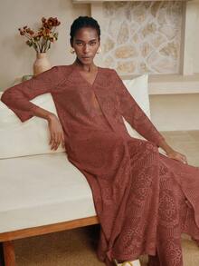 EMERY ROSE 2pcs Solid Color Hollow Long Sleeve V-Neck Cardigan & Straight Leg Pants Outdoor Casual Beach Holiday Set For Women, Spring/Summer - Rust Brown - View 2