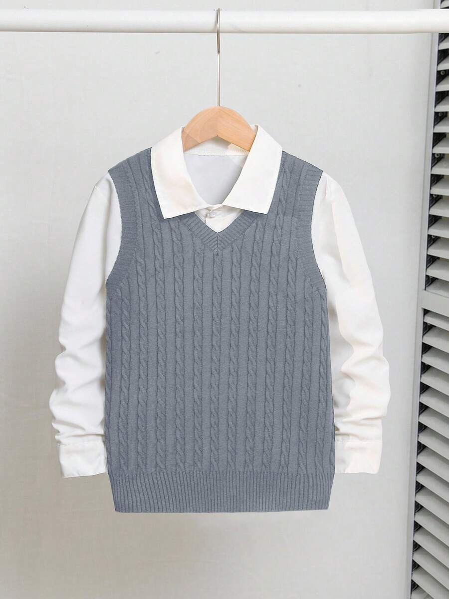 SHEIN Tween Boy Loose Casual Twist Floral Knit Vest Sweater, Affordable Fall Winter - Grey - View 1