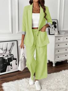 EMERY ROSE Damset med pendlarkostym, randig jacka och byxor med 3/4-ärm, höst - Gul - Visa 4