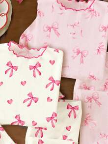 SHEIN Happikins 2pcs/Set Young Girl Cute Ballet Style Pink Bow & Heart Print, Pink Bow Ribbon Print, Easy Comfort, Sleepwear Long Sleeve Top And Pants Set, Suitable For Summer, Fall, Winter Casual Campus Sports Style, Outdoor Picnic, Outgoing, Street Snap, Home, School - Multicolor - View 3