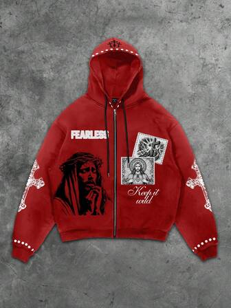 Street Life Sudadera con capucha y cremallera de manga larga con decoración de Jesús con strass, para hombre, otoño