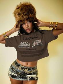 ROMWE Street Life Oversized Women's T-Shirt With Leopard Print, Car Logo And Slogan Graphic, Streetwear Style - Coffee Brown - View 1