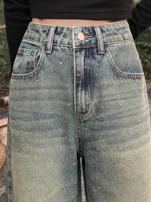 FRIFUL 女式水钻装饰休闲直筒牛仔裤 - 藍色 - 查看 7