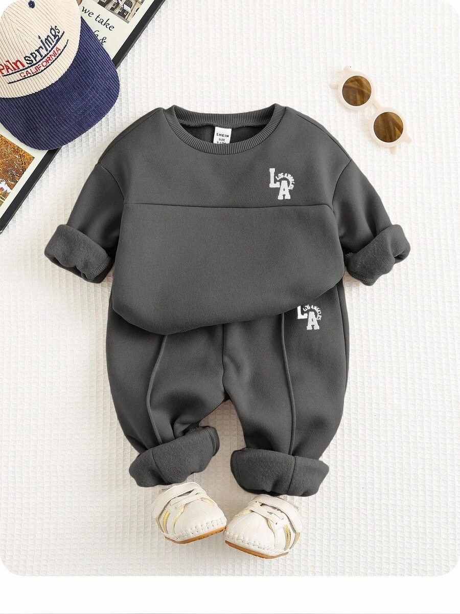 SHEIN Baby Boy Oversized All-Match Round Neck Sweatshirt, Casual Sports, Suitable For Spring, Autumn, Winter, For Home, Outing, School Wear - Dark Grey - View 1