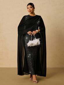 SHEIN VCAY Elegantes Chiffon-Wickelkleid in Große Größen, romantisches Partykleid, figurbetontes Langkleid für Frauen, geeignet für Silvester und Feiertage - Schwarz - Übersicht 3