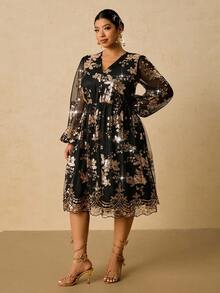 SHEIN VCAY Plus Size Sequin V-Neck Romantic Party Dress, Autumn/Winter Party Dress,Christmas - Black - View 3