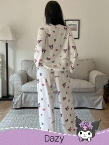 DAZY HELLO KITTY AND FRIENDS | SHEIN 卡通图案圆领长袖上衣和宽松长裤女士睡衣套装，秋冬服装 - 白色 - 查看 2
