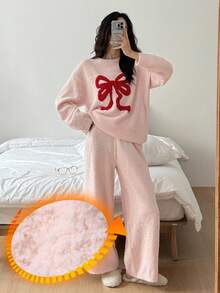 2pcs Women Bow Pattern Knitted Loose Long Sleeve Top And Long Pants Pajama Set, Autumn/Winter, Fall Clothes Thermal Lined - Pink - View 5