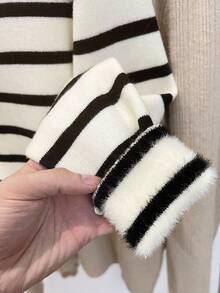 Franclia 新款秋冬女式高领修身条纹拼接保暖内衬套头衫 - 杏色 - 查看 6