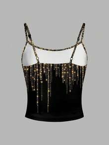 SHEIN EZwear 女士休闲简约闪光印花派对性感吊带背心紧身吊带背心 - 白色 - 查看 2